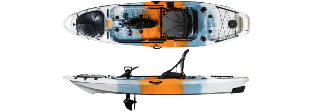 Tarpon Propel 10’ Fishing Kayak with pedal and rudder system in orange and blue design.