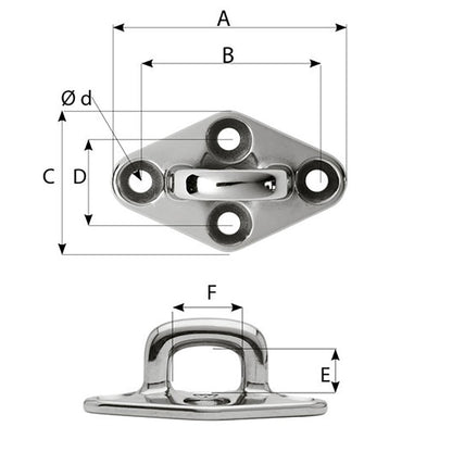 Wichard Diamond Pad Eye - Square - 60mm Length (2-23/64") - M5 Screw [6654]