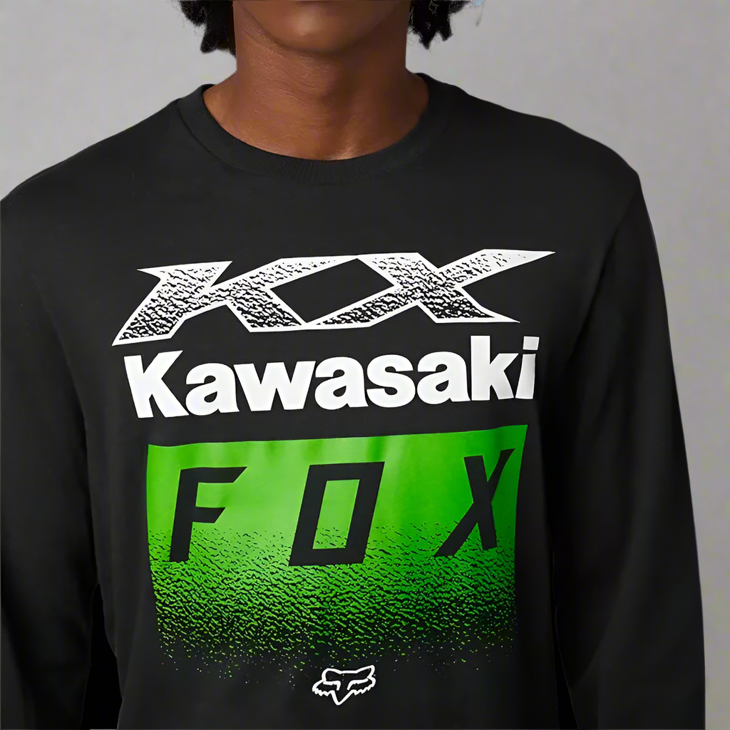 Kawasaki Long Sleeve Premium Tee with FOX® branding and green design.