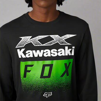 Kawasaki Long Sleeve Premium Tee with FOX® branding and green design.