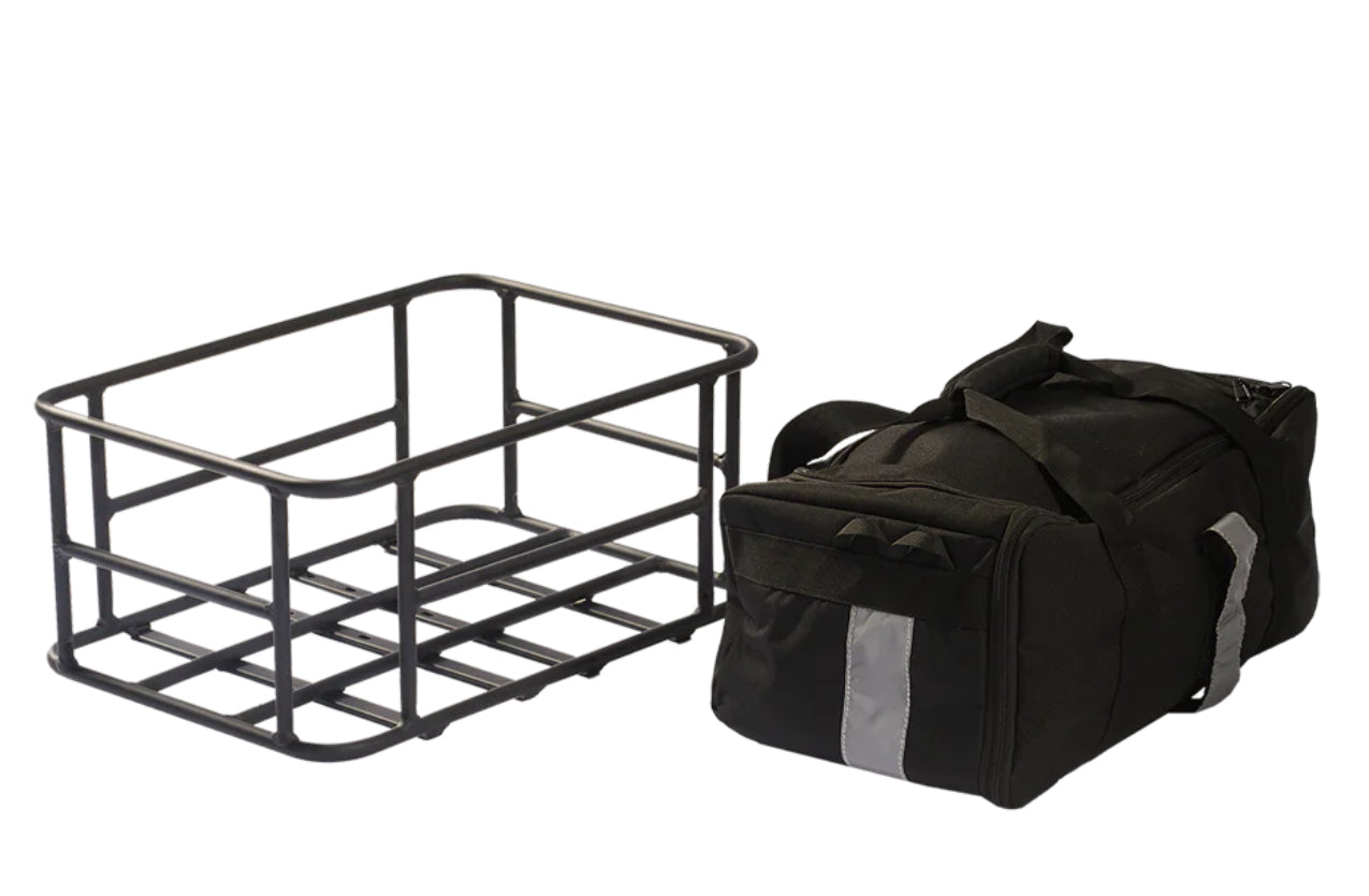 REVIBIKES® Rear Rack & Bag System for Runabout .2, black aluminum basket and bag attachment.