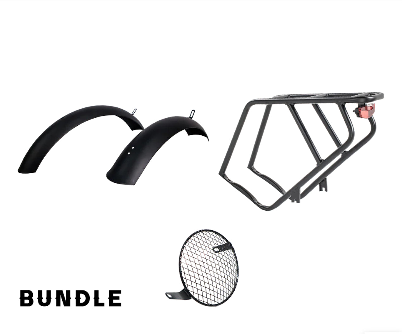 REVI E-BIKES® Rack & Fender System for Cheetah and Cheetah Plus, durable aluminum and steel, includes rear rack and black fenders, with tail light.