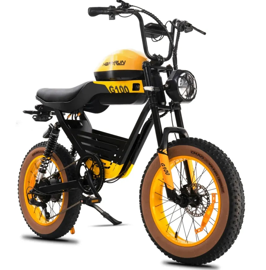 Happy Run G100 E-Bike with dual battery and NFC unlock, featuring 1000W motor, fat tires, and rear rack for urban commuting and cargo transport.