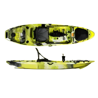 Tarpon Propel 10’ Fishing Kayak with pedal and rudder system on yellow background.