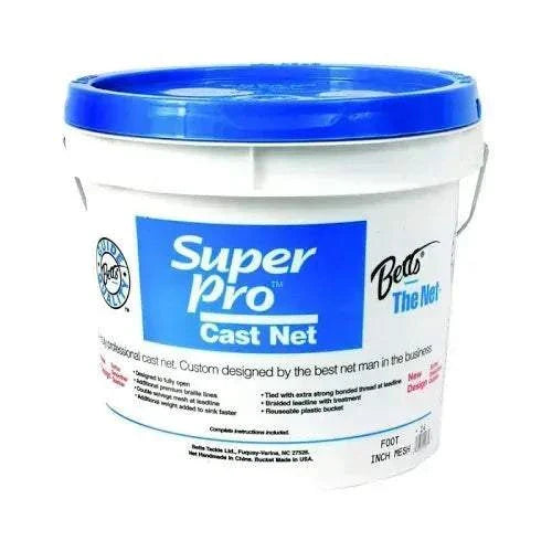 Bett's Super Pro 3/8” Cast Net in storage bucket for serious anglers.