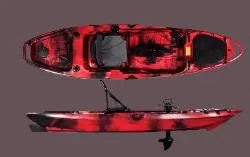 Tarpon Propel 10’ Fishing Kayak with pedal and rudder system, top and side view in red color.