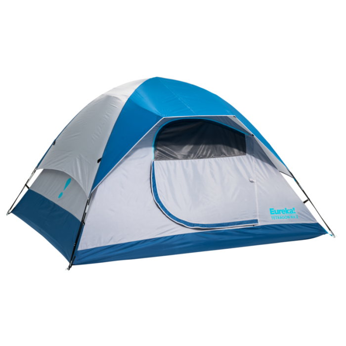 Eureka! Tetragon NX2 Camping Tent with hooded rain fly and mesh windows for ventilation.