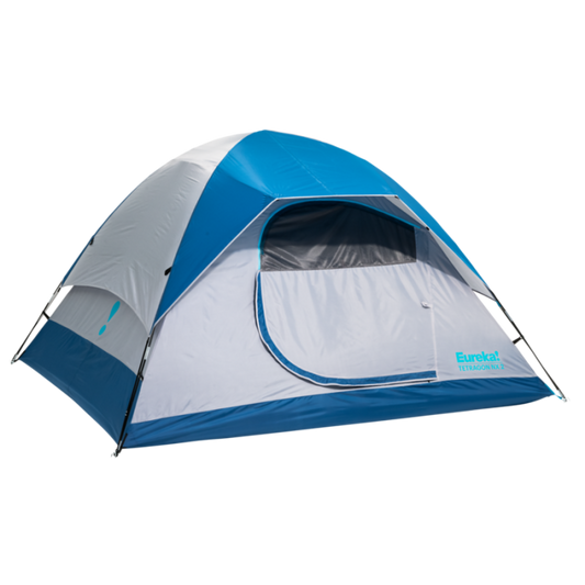 Eureka! Tetragon NX2 Camping Tent with hooded rain fly and mesh windows for ventilation.